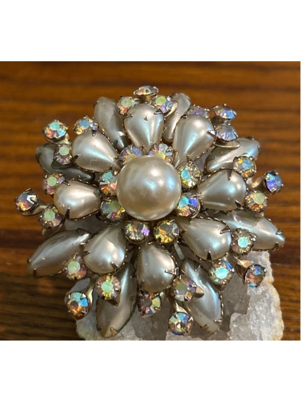 Cathe Faux pearl, aurora borealis AB rhinestone snowflake or flower brooch